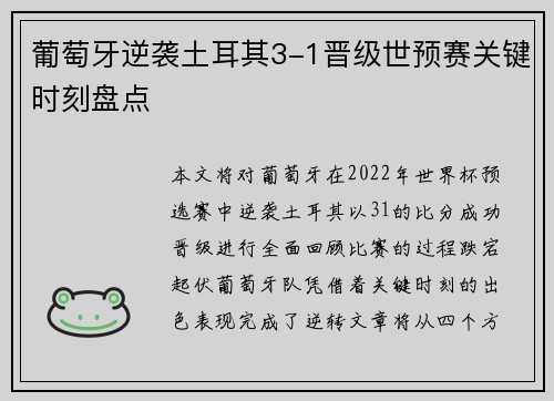 葡萄牙逆袭土耳其3-1晋级世预赛关键时刻盘点